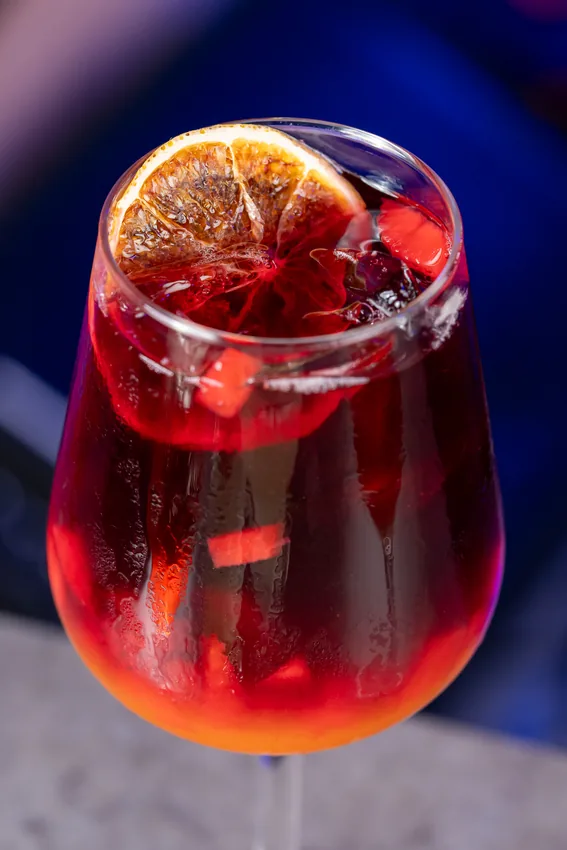 Red sangria in a wine glass at KamiKoi
