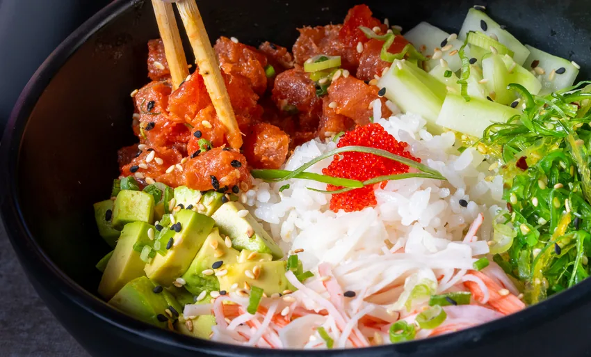 Tuna poke bowl with avocado and crab at KamiKoi
