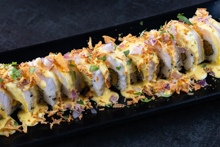 Sushi roll with crispy topping at KamiKoi