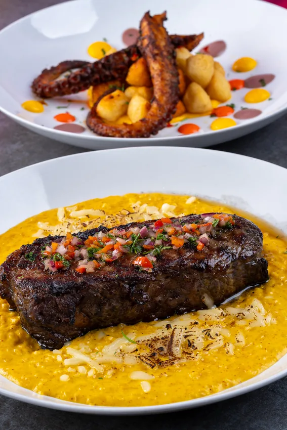 Grilled octopus and steak over huancaina at KamiKoi